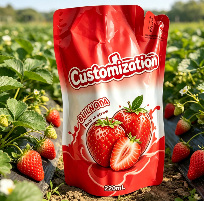 Vlastní tištěné vestavěné sáčky s brčkem 220 ml na džus, ovocné pyré, nápoje