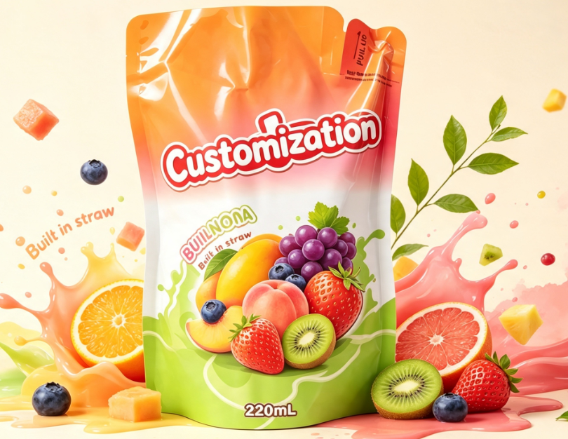220 ml míchané ovocné šťávy Vestavěné slaměné sáčky Vlastní potištěné sáčky na balení nápojů