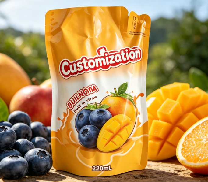 220 ml mangové ovocné pyré Vestavěné slaměné sáčky Vlastní potištěné sáčky na balení nápojů